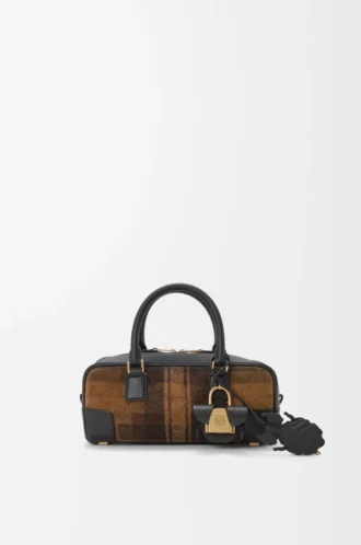 Bolso Amazona 23 recortado en ante tartán y piel de becerro napa marrón claro/negro