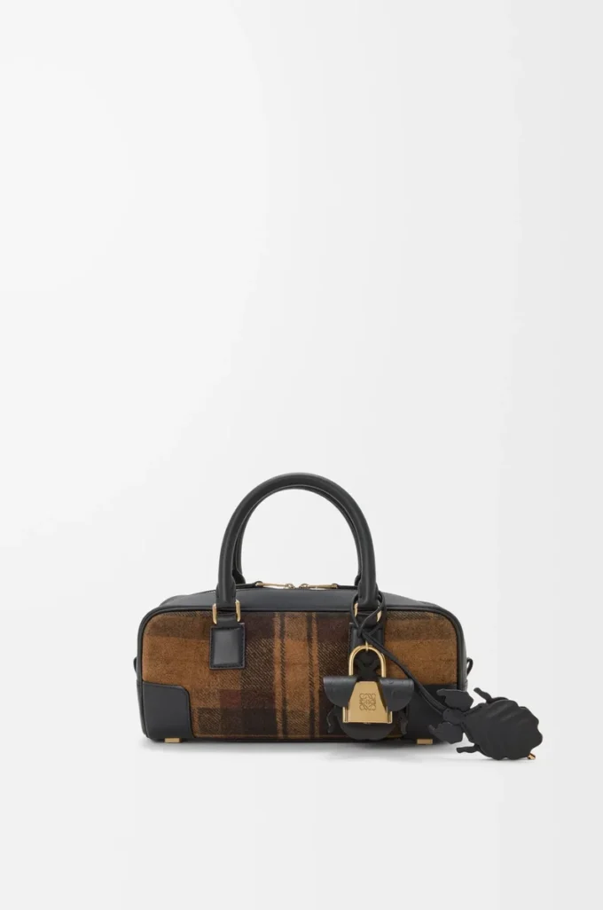 Bolso Amazona 23 recortado en ante tartán y piel de becerro napa marrón claro/negro