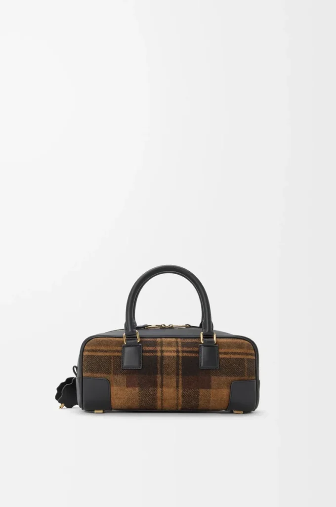 Bolso Amazona 23 recortado en ante tartán y piel de becerro napa marrón claro/negro