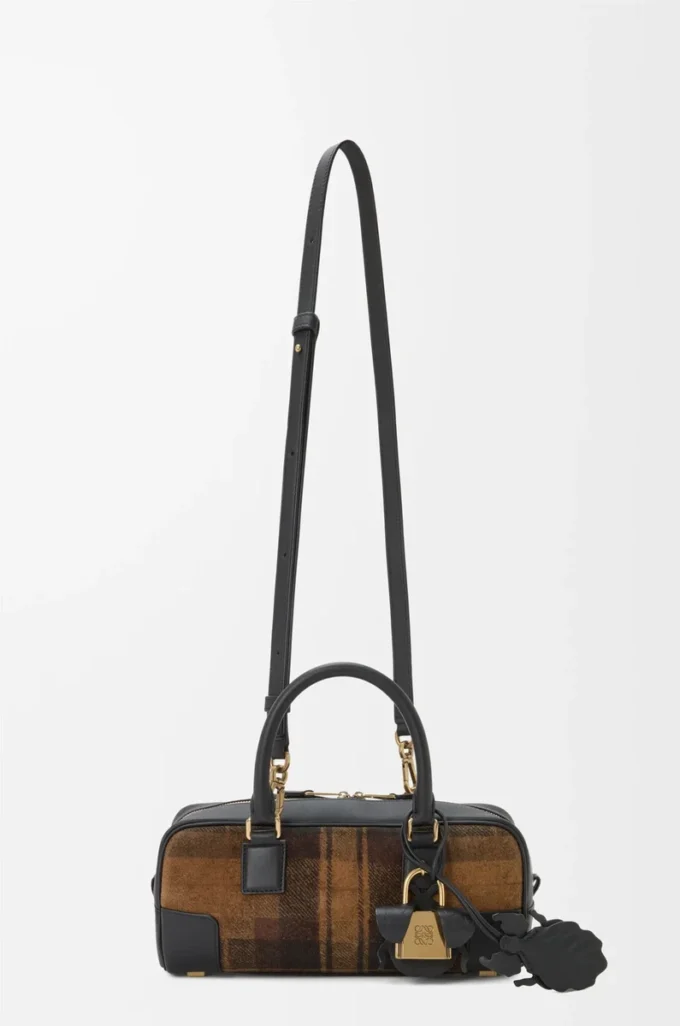 Bolso Amazona 23 recortado en ante tartán y piel de becerro napa marrón claro/negro