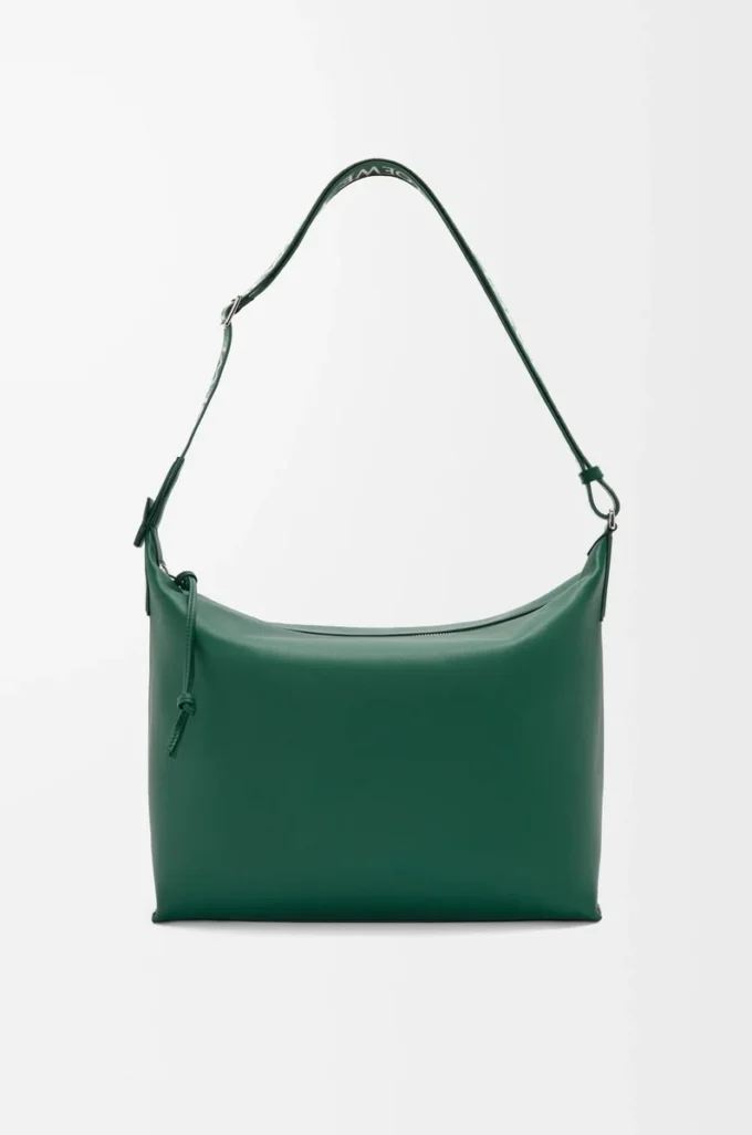 Bolso bandolera Cubi en piel de becerro lisa y suave y jacquard Evergreen