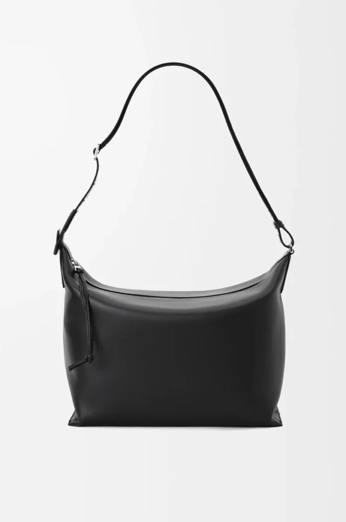 Bolso bandolera Cubi en piel de becerro suave y flexible y jacquard negro