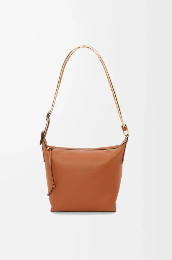 Bolso bandolera Cubi pequeño en piel de becerro suave y flexible y jacquard color tostado