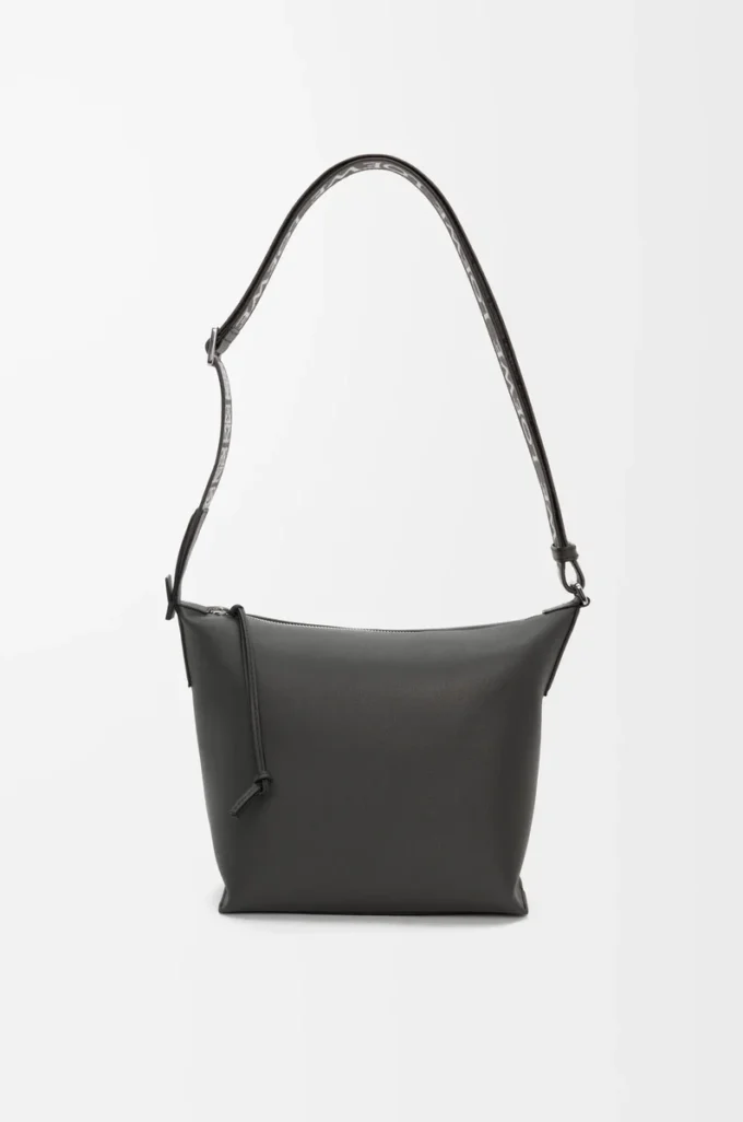 Bolso bandolera Cubi pequeño en piel de becerro suave y flexible y jacquard gris oscuro