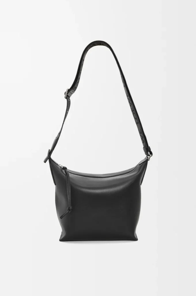 Bolso bandolera Cubi pequeño en piel de becerro suave y flexible y jacquard negro