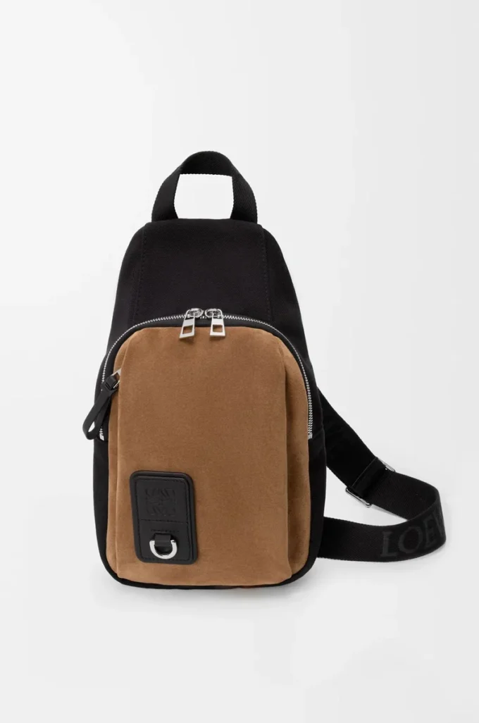 Bolso bandolera Flex en lona y ante Negro/Oro oscuro