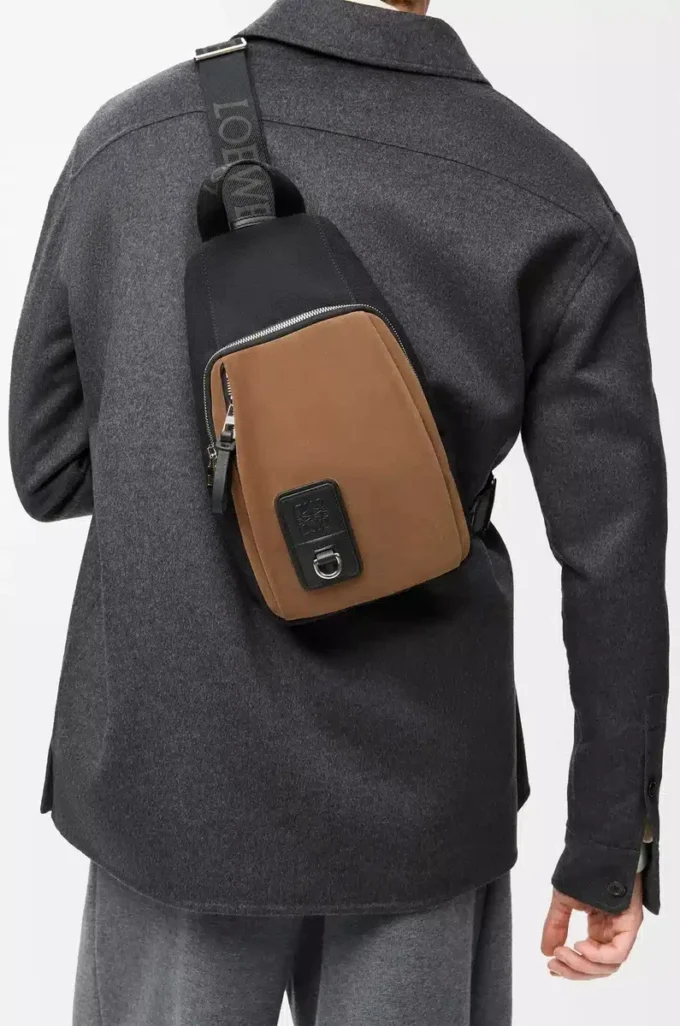 Bolso bandolera Flex en lona y ante Negro/Oro oscuro