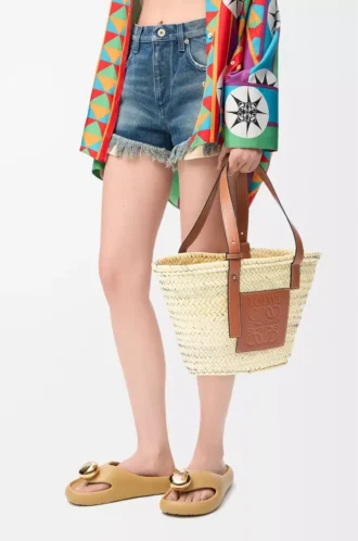Bolso Basket en hoja de palma y piel de becerro Natural/Tan