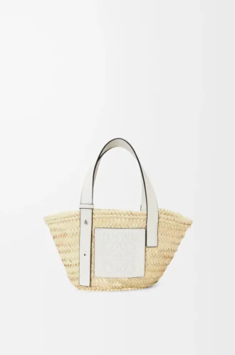Bolso Basket pequeño en hoja de palma y piel de becerro Natural/Blanco