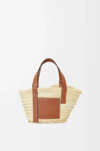 Bolso Basket pequeño en hoja de palma y piel de becerro Natural/Marrón claro