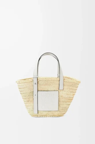 Bolso cesta en hoja de palma y piel de becerro Natural/Blanco