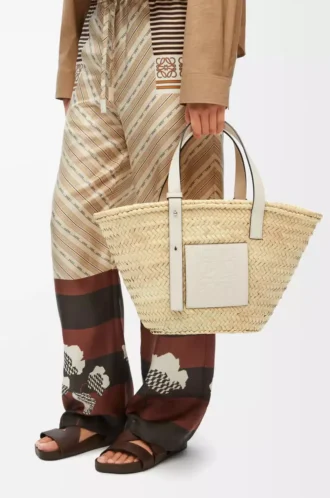 Bolso cesta en hoja de palma y piel de becerro Natural/Blanco