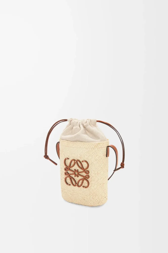 Bolso cuadrado en palma iraca y piel de becerro Natural/Tan