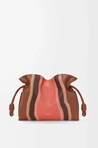 Bolso de mano Flamenco Landscape mediano en piel de becerro napa Pecan/Parrot Pink