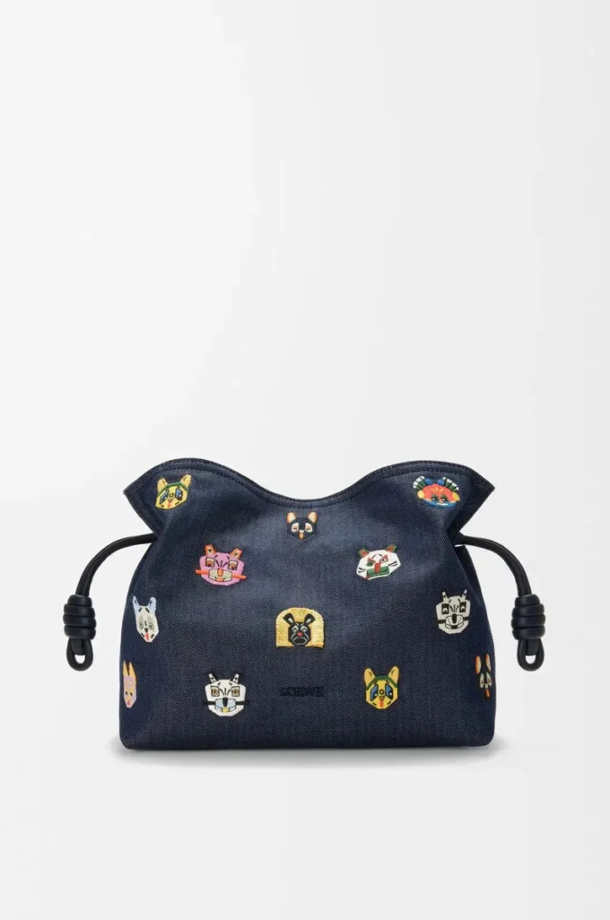 Bolso de mano Flamenco mediano Cats en denim bordado Azul