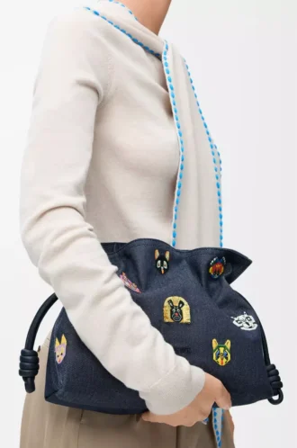 Bolso de mano Flamenco mediano Cats en denim bordado Azul