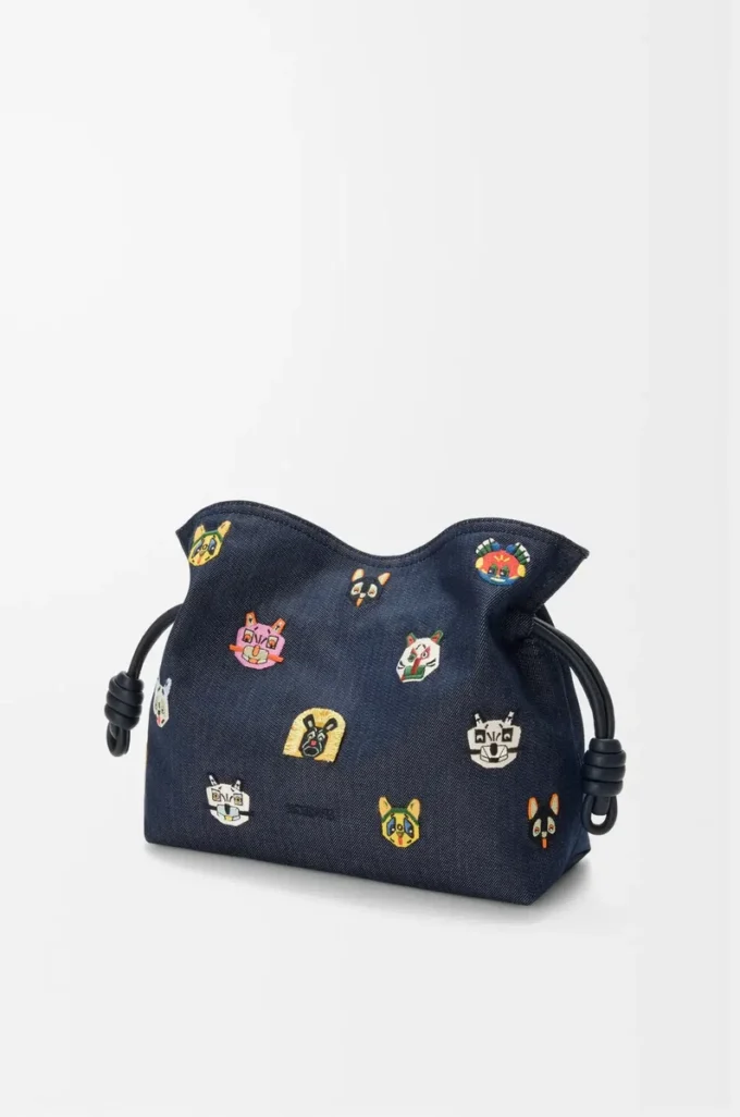 Bolso de mano Flamenco mediano Cats en denim bordado Azul