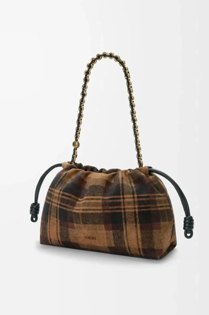 Bolso Flamenco mediano en ante tartán marrón claro/negro Bolso Flamenco mediano en ante tartán marrón claro/negro