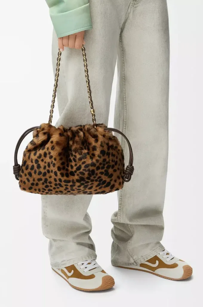 Bolso Flamenco mediano en piel de oveja estampada Beige/Marrón