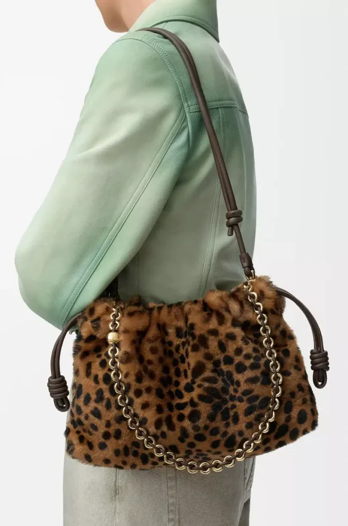Bolso Flamenco mediano en piel de oveja estampada Beige/Marrón