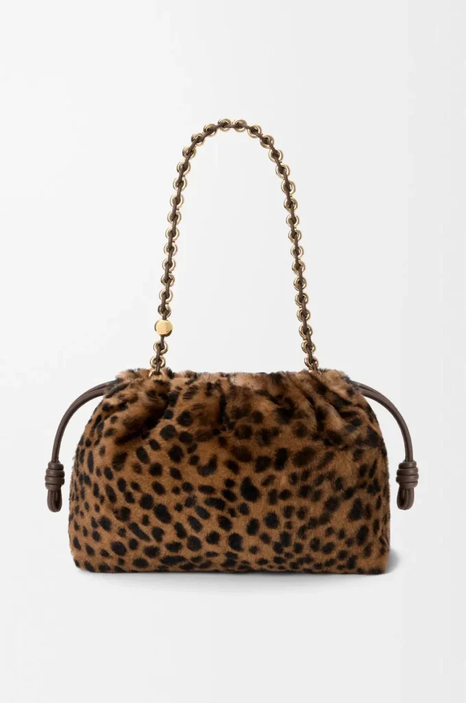 Bolso Flamenco mediano en piel de oveja estampada Beige/Marrón