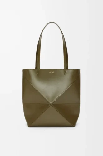 Bolso mediano Puzzle Fold en piel de becerro brillante Dark Khaki
