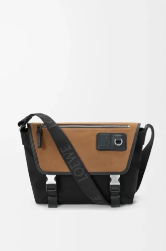 Bolso mensajero Flex mediano en lona y ante Negro/Oro oscuro