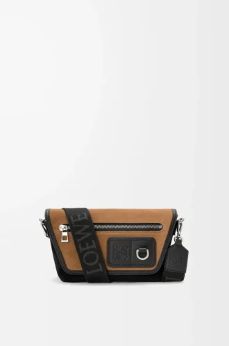 Bolso mensajero Mini Flex en lona y ante Negro/Oro oscuro