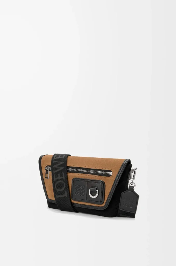 Bolso mensajero Mini Flex en lona y ante Negro/Oro oscuro