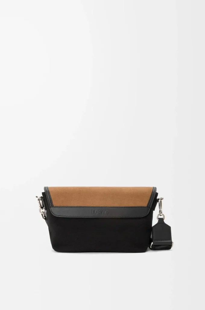 Bolso mensajero Mini Flex en lona y ante Negro/Oro oscuro