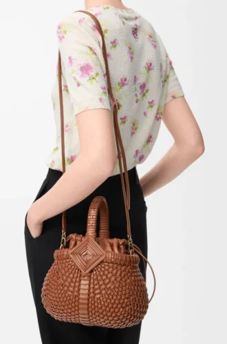 Bolso Mini Diamond Round Basket en piel de becerro Dark Tan