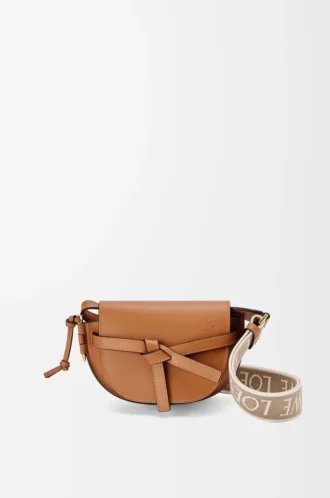 Bolso Mini Gate Dual en suave piel de becerro y jacquard marrón claro