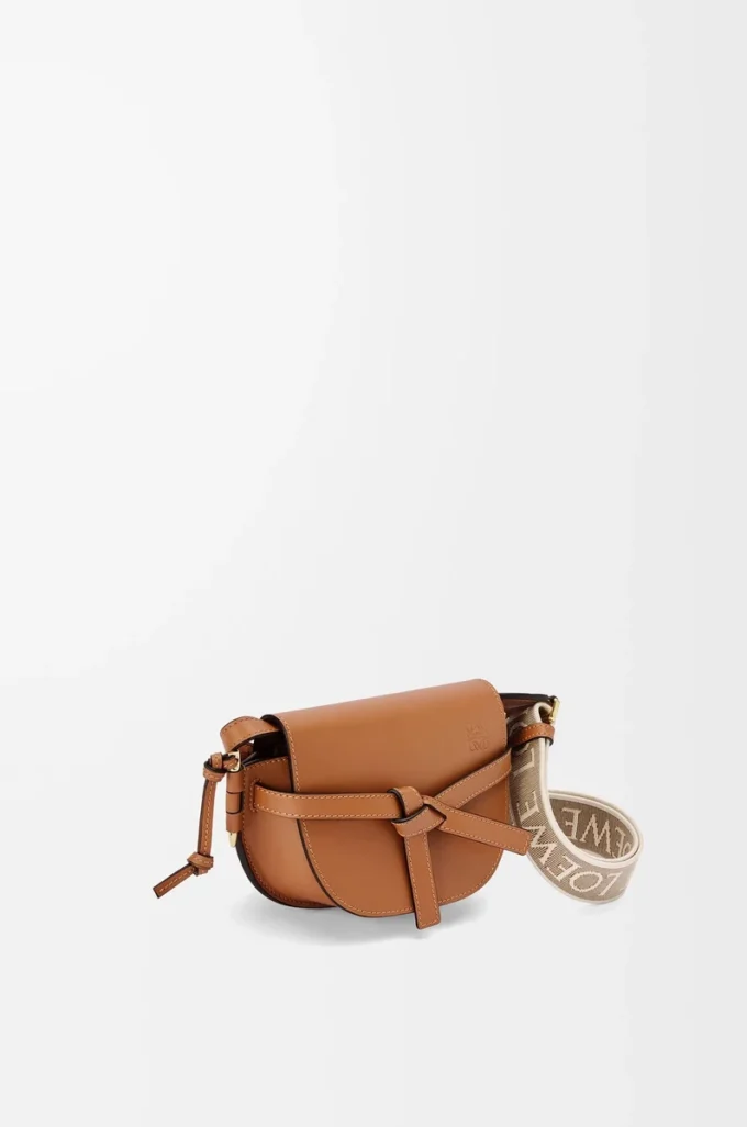 Bolso Mini Gate Dual en suave piel de becerro y jacquard marrón claro Bolso Mini Gate Dual en suave piel de becerro y jacquard marrón claro
