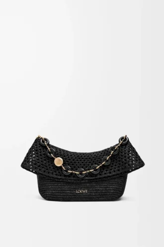 Bolso Ola mediano en rafia y piel de becerro Negro