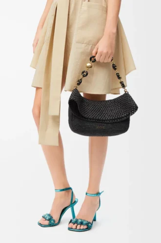 Bolso Ola mediano en rafia y piel de becerro Negro