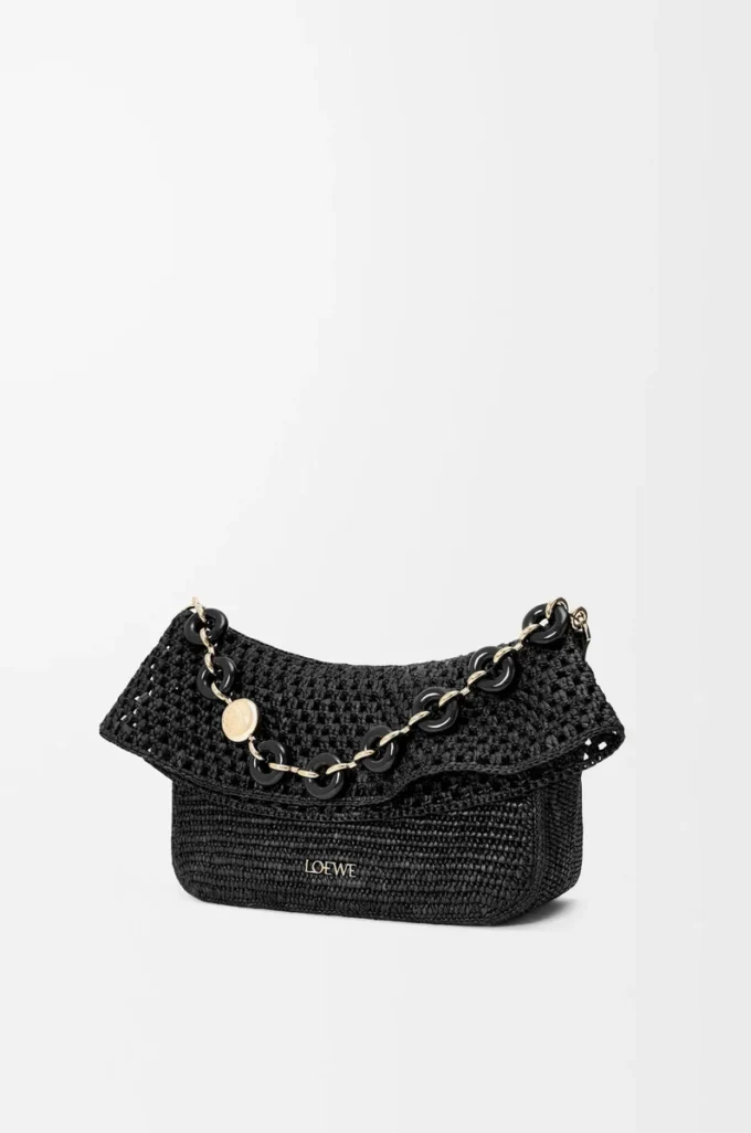 Bolso Ola mediano en rafia y piel de becerro Negro Bolso Ola mediano en rafia y piel de becerro Negro
