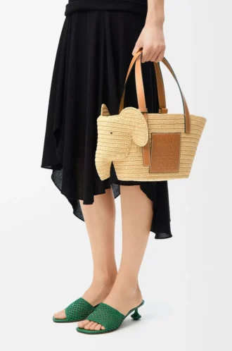 Bolso pequeño Elephant de rafia y piel de becerro Natural/Tan