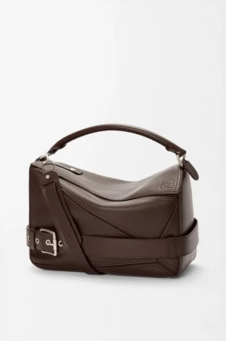 Bolso Puzzle Biker grande en piel de becerro brillante color castaño oscuro