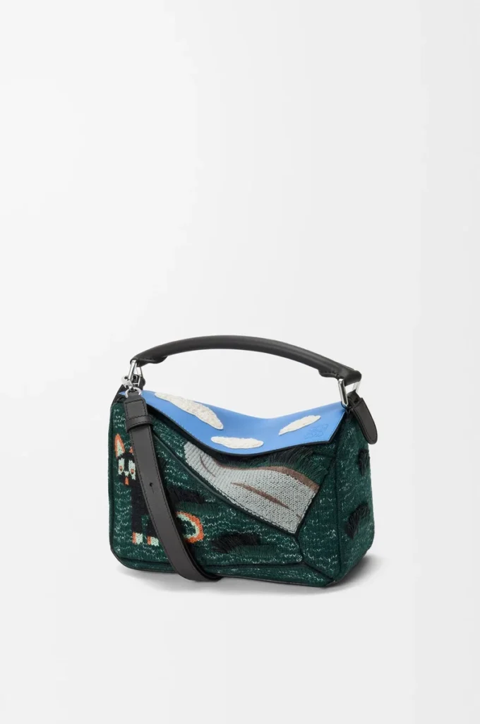 Bolso Puzzle Cat pequeño futurista en punto bordado y piel de becerro clásica Multicolor Verde Bolso Puzzle Cat pequeño futurista en punto bordado y piel de becerro clásica Multicolor Verde