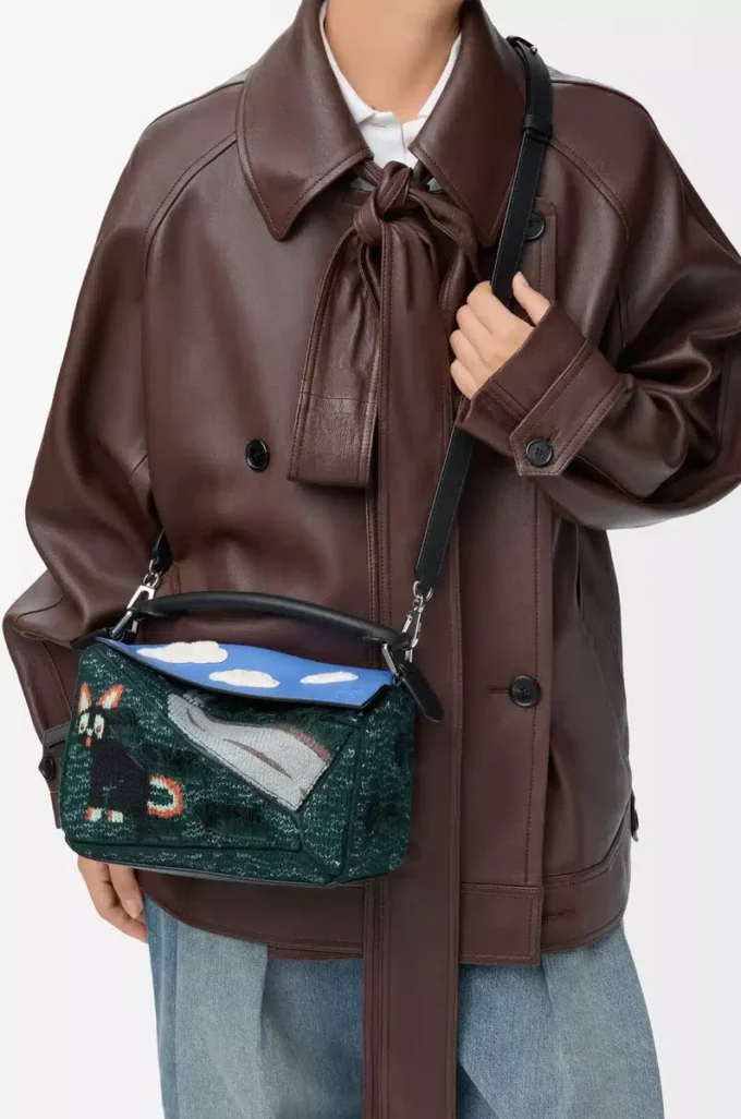 Bolso Puzzle Cat pequeño futurista en punto bordado y piel de becerro clásica Multicolor Verde Bolso Puzzle Cat pequeño futurista en punto bordado y piel de becerro clásica Multicolor Verde