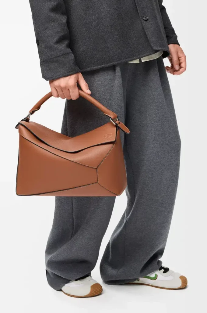 Bolso Puzzle Edge grande en piel de becerro clásica color tostado