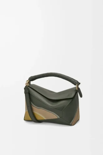 Bolso Puzzle Edge Landscape pequeño en piel de becerro napa verde botella/ocre