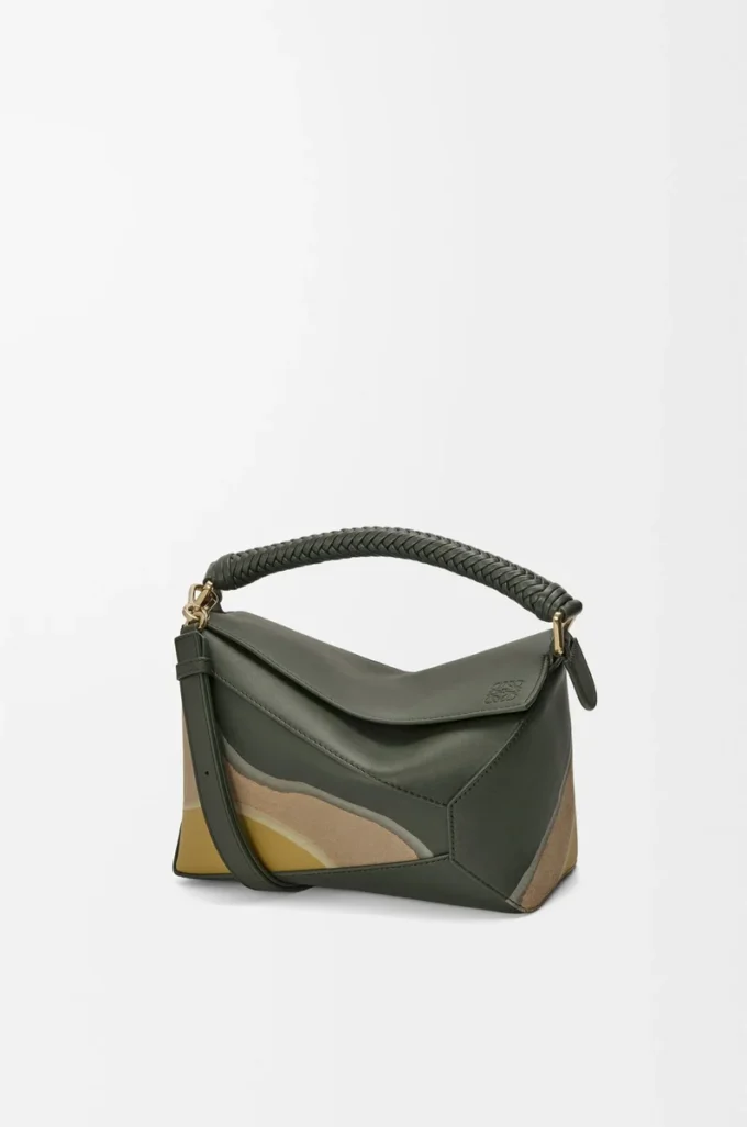 Bolso Puzzle Edge Landscape pequeño en piel de becerro napa verde botella/ocre Bolso Puzzle Edge Landscape pequeño en piel de becerro napa verde botella/ocre