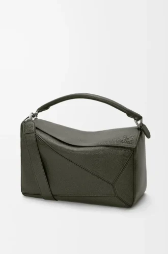 Bolso Puzzle grande en piel de becerro granulada flexible color caqui oscuro