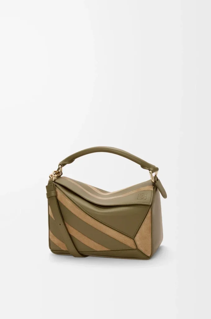 Bolso Puzzle pequeño en piel de becerro clásica y ante Oliva/Dorado Bolso Puzzle pequeño en piel de becerro clásica y ante Oliva/Dorado