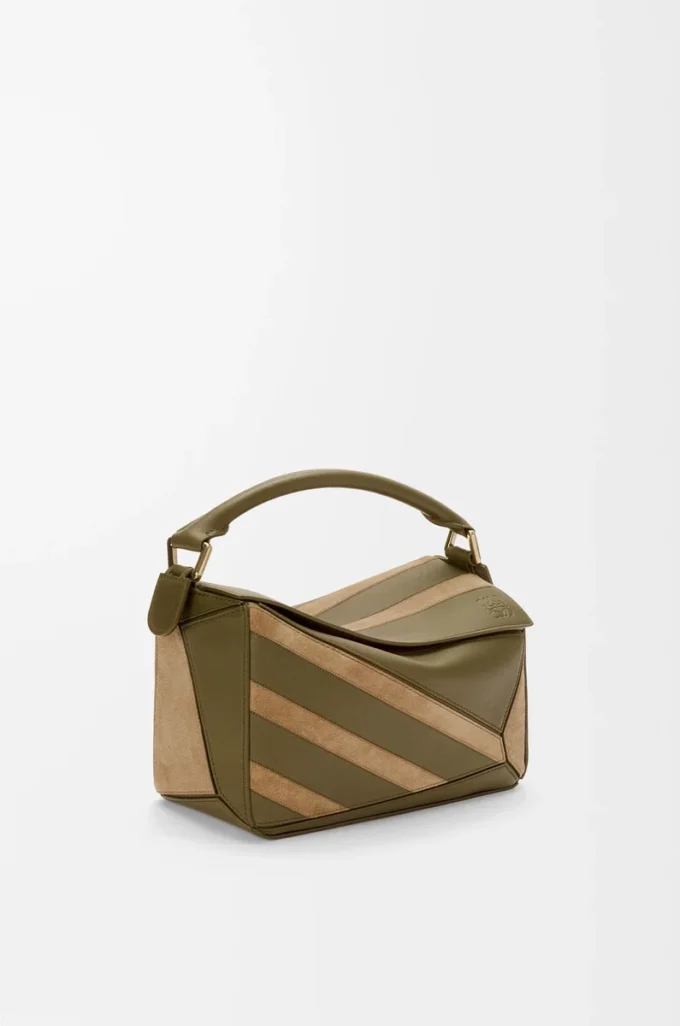 Bolso Puzzle pequeño en piel de becerro clásica y ante Oliva/Dorado Bolso Puzzle pequeño en piel de becerro clásica y ante Oliva/Dorado