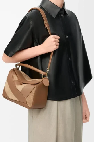 Bolso Puzzle pequeño en piel de becerro clásica y ante roble