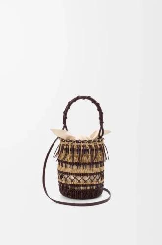 Bolso tipo cubo de cordón y piel Marrón oscuro/Multicolor