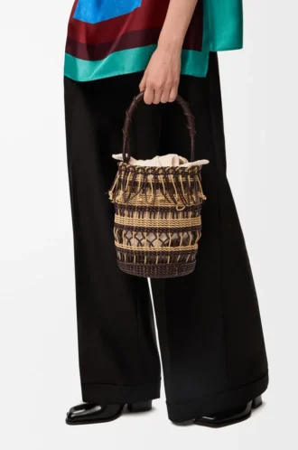 Bolso tipo cubo de cordón y piel Marrón oscuro/Multicolor