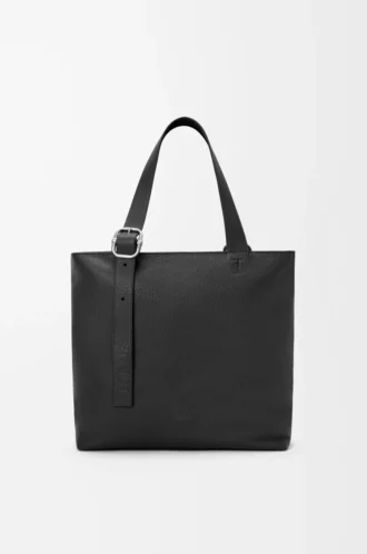 Bolso tote con cremallera y asas en piel de becerro granulada flexible Negro